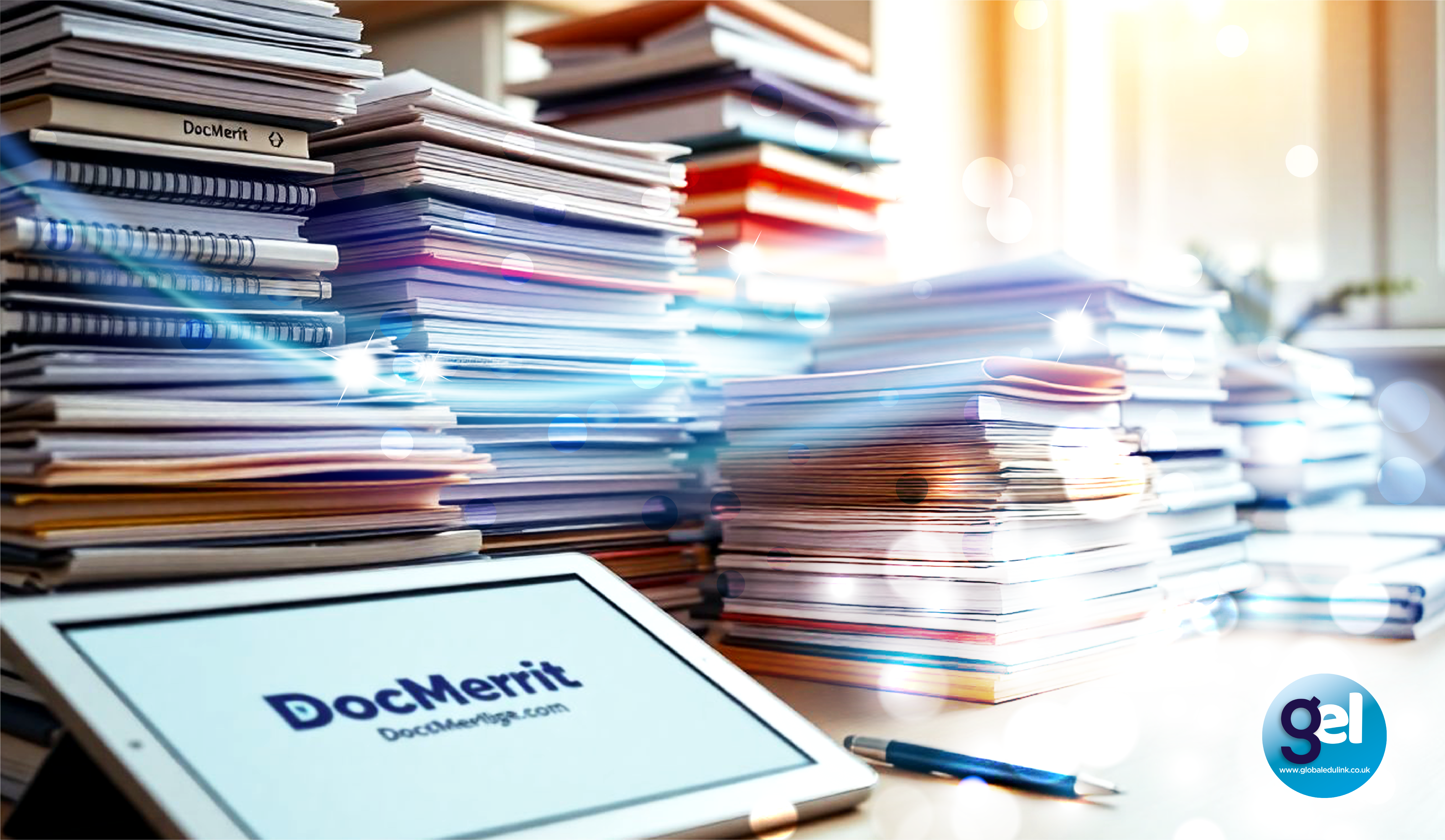 Stacks of documents with a tablet displaying 'DocMerit'